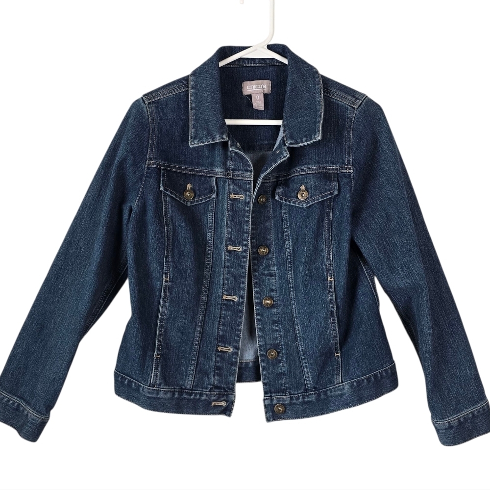 Chico's Denim Jacket Size 0 (US S) Collared Button Front Medium Wash